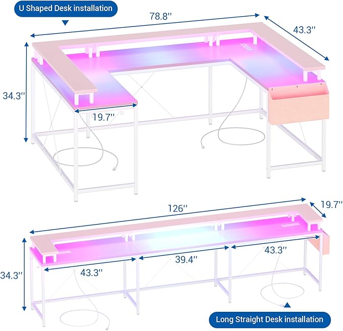 Jojoka U-Shaped Computer Desk with Power Outlets & RGB LED Lights - Reversible l-Shaped Office Desk, Full Monitor Stand, Modern Home Office Workstation, 600lbs Capacity 79",Game Desk, Pink