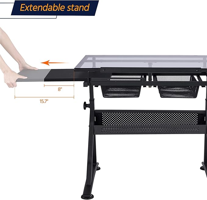 Topeakmart Height Adjustable Drafting Desk Artist Drawing Table Tilted Tabletop Art Desk Work Station w/2 Storage Drawers and Stool for Home Office
