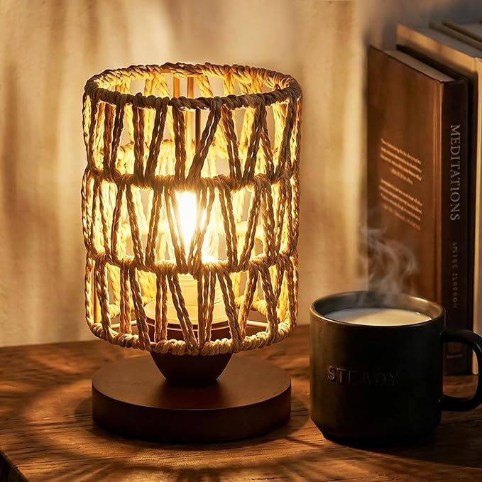 Boho Rattan Table Lamp, Bedroom Bedside Small Lamps with Warm White LED Bulb, Vintage Wooden Nightstand Nightlight, Rustic Handmade Woven End Desk Lamps for Bedroom Living Room Study Kids Room