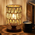 Boho Rattan Table Lamp, Bedroom Bedside Small Lamps with Warm White LED Bulb, Vintage Wooden Nightstand Nightlight, Rustic Handmade Woven End Desk Lamps for Bedroom Living Room Study Kids Room
