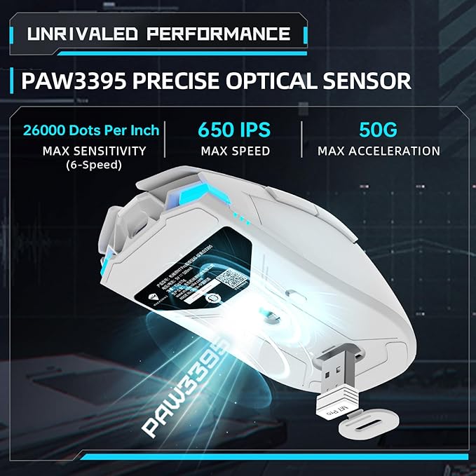 Machenike Wireless Gaming Mouse,26,000 DPI,PAW3395 Sensor,RGB Backlit,Ergonomic Design,6 Programmable Buttons,Long Battery Life,Ultra-Lightweight,White Gaming Mice Compatible with PC, Mac