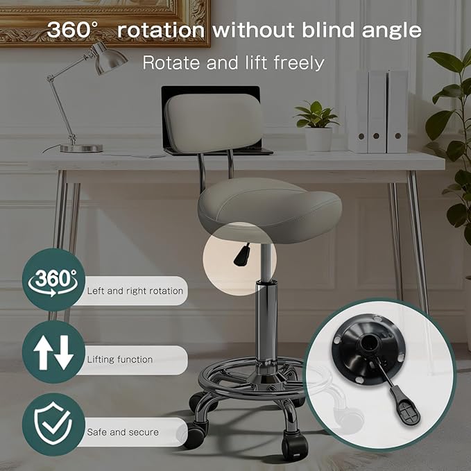 Saddle Stool with Back and Ring Pedal, Adjustable Hydraulic Rolling Chair with Wheels for Salon, Spa, Medical, Massage & Drafting Use White
