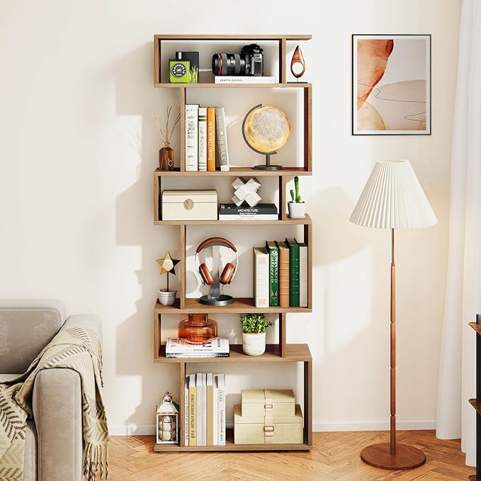 Giantex 6-Tier Geometric Bookshelf, S-Shaped Bookcase with 2 Anti-Tipping Kits, Wooden Display Shelf, Decorative Storage Shelving Unit, Home Storage Organizer for Office Living Room (1,Natural)