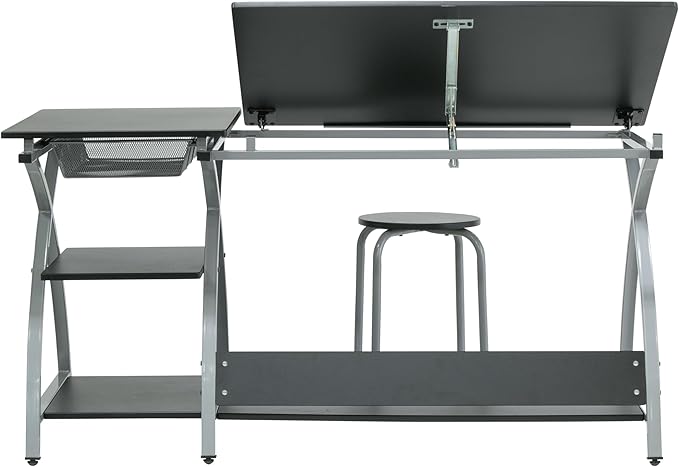 Deluxe Comet Craft Station with Stool, Adjustable Drafting & Art Desk with Storage Shelves, Pencil Ledge, Wire Mesh Drawer, 45° Tilting Top, Steel Frame, Silver/Black