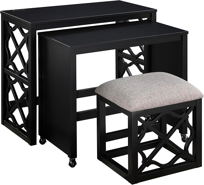 Lexicon Space-Saving Home Office Wood Desk Set, Modern Makeup Vanity Desk with Padded Vanity Stool, USB Charging Port, Nesting Table, Rolling Small Computer Table for Writing/Study/Bedroom, Black