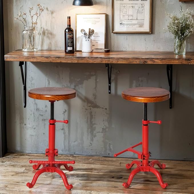 Topower Industrial Retro Vintage Farm Wooden Tractor Stool Kitchen Swivel Height Adjustable Bar Stool (Antique Red)