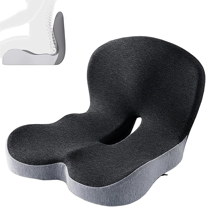 Memory Foam Office Chair Cushion, L-Shaped Integrated Seat Cushions, Chair Seat Cushion for Lower Back Tailbone Protection, Ergonomic SeatCushion with Lumbar Support (Black Gray)