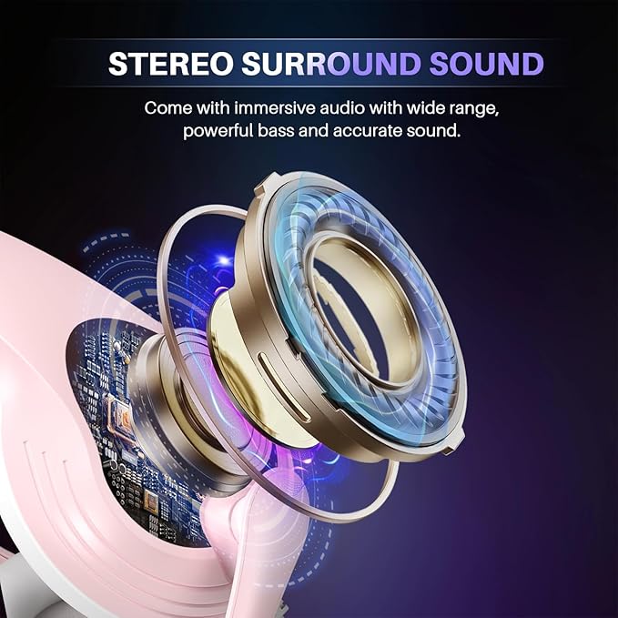 Pink Gaming Headset with Mic, Cat Ears, Stereo Surround Sound Wired Over Ear Headphones with Microphone, Soft Ear Pads, Noise Cancelling for Girls, Teens, Women