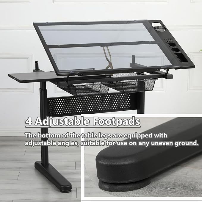 Drafting Desk with Stool, Upgraded Hand Crank Adjustable Height Art Table with Storage, 0-75° Tilting Glass Tabletop Drawing Table for Artists, Ergonomic Design for Painting, Sketching, Black