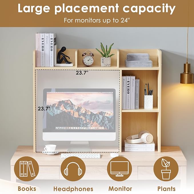 Nromant Desktop Bookshelf, Wooden Desk Storage Hutch with 5 Shelves, 3-Tier Desktop Display Organizer Rack for Office Home (Natural, 5 Shelves A)