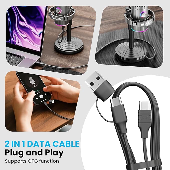 BASN USB/XLR Dynamic Microphone for Podcasting, Live Streaming, Gaming Recording with RGB Mute Button, Headphone Monitoring and MIC Stand (Gray) SL2000