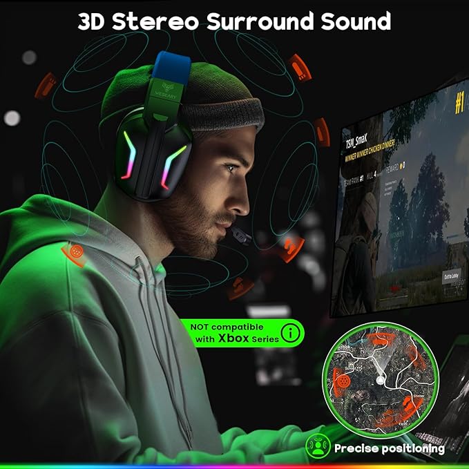WESEARY Wireless Gaming Headset for PC, Laptop, Mac & Switch, Dual Low-Latency 2.4GHz USB/Type-C, Bluetooth Gaming Headphones with ENC Mic for Cube Accessories, 3D Stereo,Colorful Light, 50H Power