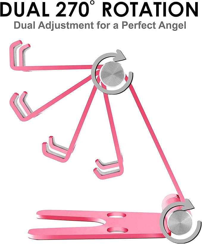 Fully Foldable Multi-Angle Aluminum Phone & Tablet Stand - Adjustable Dock Holder for Desk, Bed, Office, School, Kitchen, Travel - Portable Charger Station Organizer (Rose Gold, Foldable)