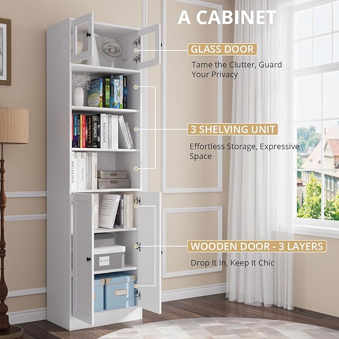 TUSY 85.5 Inch Tall Bookshelf with Doors - 7 Tier Bookcase with Glass Doors and Drawer, 23.6" Wide Storage Cabinet with Open Shelves for Living Room, White Book Shelf for Home Office, Study (AAAA)