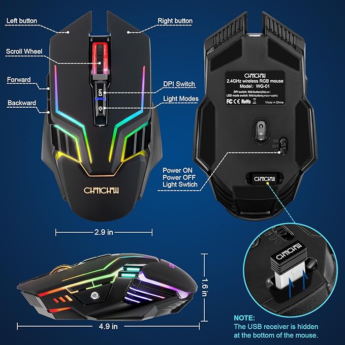 CHONCHOW Wireless Gaming Mouse for PC, RGB Backlit, 12 Light Modes, 2.4G Receiver/USB-C, Up to 3200 DPI, Rechargeable Wireless Computer Mice with 58inch Charge Cable for Laptop/Windows/PS4 Gamer-Black