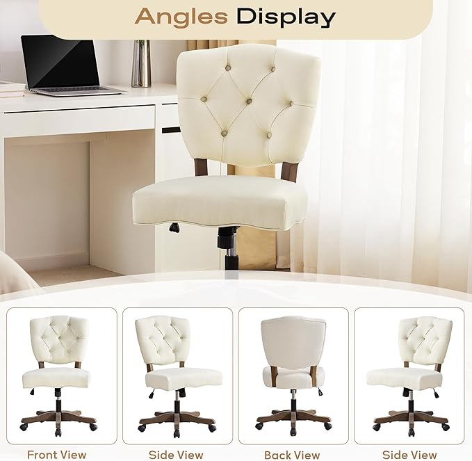 HUIMO Upholstered Swivel Desk Chair Chenille Tufted Fabric Home Office Chair with Wheels Adjustable Height Classic Task Chair with Wooden Legs Comfortable Armless Chair for Studio Study (Cream)