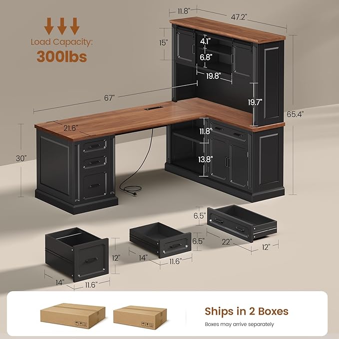 SEDETA Farmhouse L Shaped Desk with Hutch, 67" Executive Home Office Desks with 4 Drawers & Storage Cabinet, Corner Computer Desk with Sliding Doors, File Drawer & Power Outlet, Black+Brown