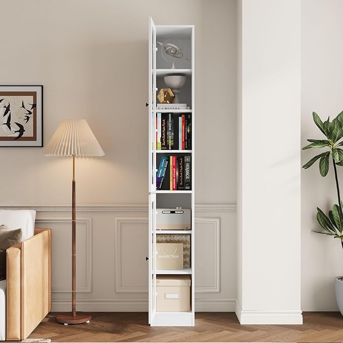 TUSY 85.5 Inch Tall Bookshelf with Doors - 7 Tier Bookcase with Glass Doors and Drawer, 23.6" Wide Storage Cabinet with Open Shelves for Living Room, White Book Shelf for Home Office, Study (D)