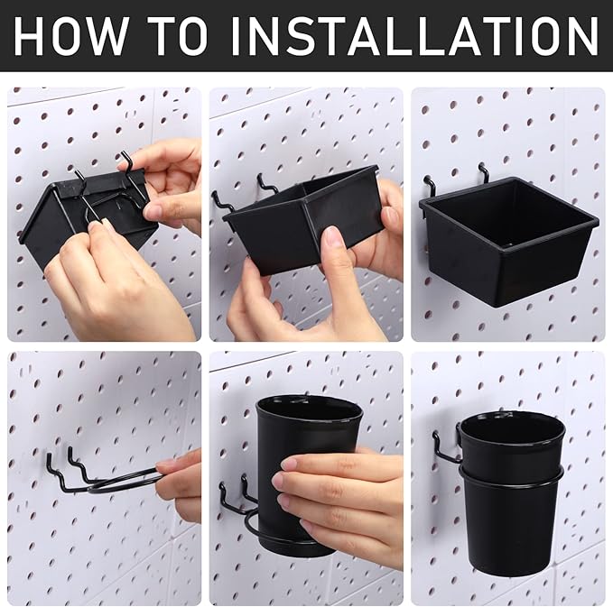 Sieral 30 Pcs Pegboard Organizer Accessories Kit Includes Peg Board Shelving Storage Basket Organizer Bins Hooks Loops Cup with Cup Holder for Garage Room Wall Attachments Tools(Black)