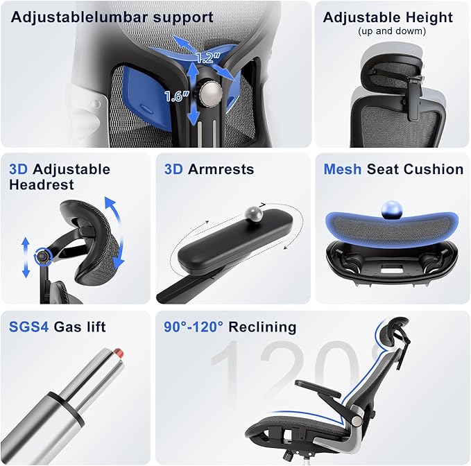 marrap Ergonomic Office Chair, Mesh Seat Cushion with 3D Armrests and 3D Headrest, Adjustable Lumbar Support with 90-120° Rocking Function, Black