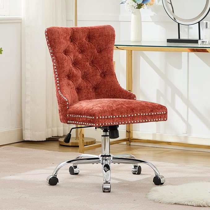 Goujxcy Desk Chair, Modern Chenille Upholstered Tufted Button Home Office Chair, 360° Swivel Armless Desk Chairs, 120°Rocking Ergonomic Computer Task Vanity Chairs, Orange