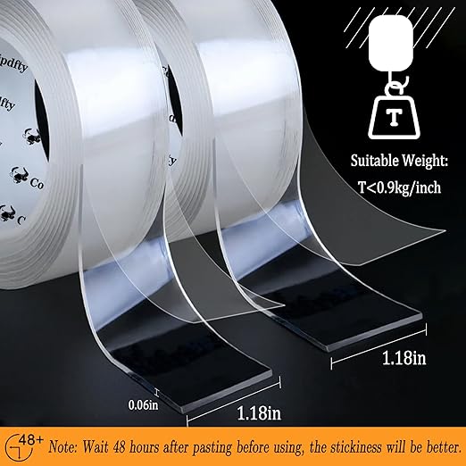 Double Sided Tape Heavy Duty for Wall Decor No Damage to Paint, Clear Removable Mounting Tape, Nano Two Sided Adhesive Tape, Picture Hanging Strips for Posters, Stickers - 2Rolls,Total(1.18in*34FT)
