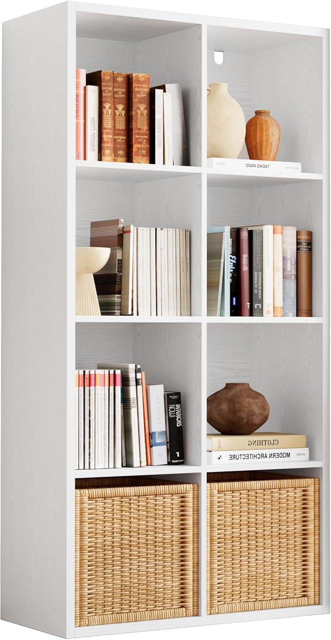 IROCNK Bookshelf, 8-Cube Storage Cube Shelf Organizer, Extra Thick Frame Horizontally & Vertically Reversible Bookcase with Open for Living Room, Bedroom, Home Office, White