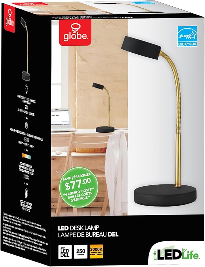 Globe Electric 30061 LED Desk Lamp, Adjustable Matte Gold Gooseneck, Black Finish, 5W Energy Star Integrated LED, 250 Lumens, 3000 Kelvin, 35 000 Hour Lifespan, in-Line On/Off Switch