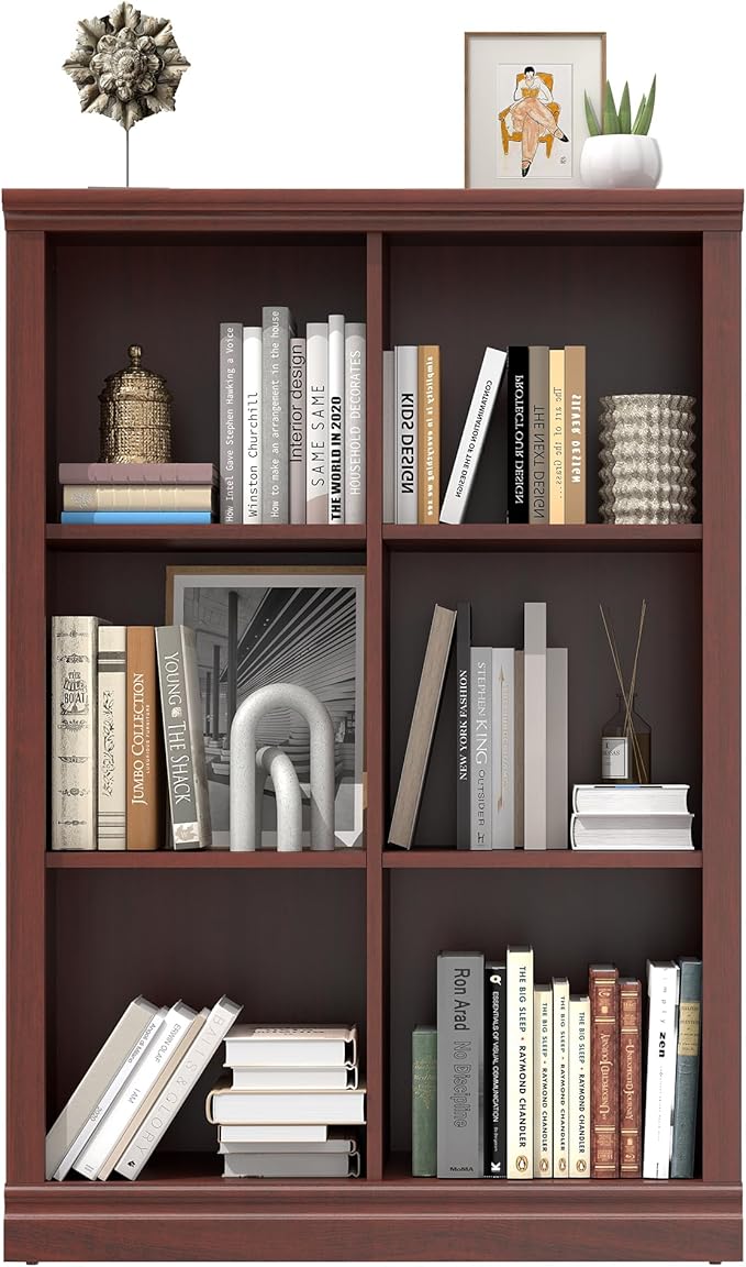 Bevfint 6 Cube Storage Organizer - 3 Tiers 6 Storage Cube Adjustable Space Book Case, Display Cabinet Organizer with Bookcase, 30 inch Width Horizontal Bookshelf for Home Library Office, Mahogany