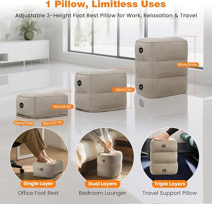 Inflatable Foot Rest Pillow for Travel, 4 Height Adjustable Leg Rest Pillow for Economy Class, Car, Office and Homes