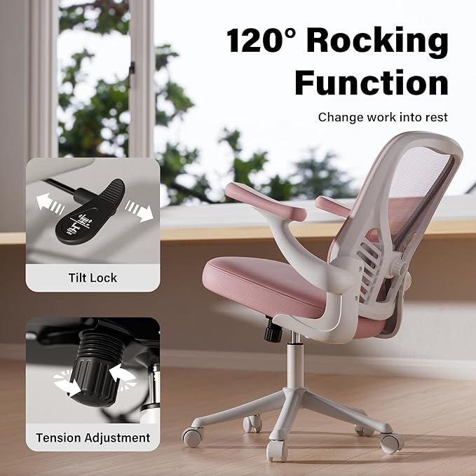 GYI Office Chair Ergonomic, Computer Desk Chair with Mesh Back, Adjustable Lumbar Support, 3D Flip-up Arms, Wheels, Pink