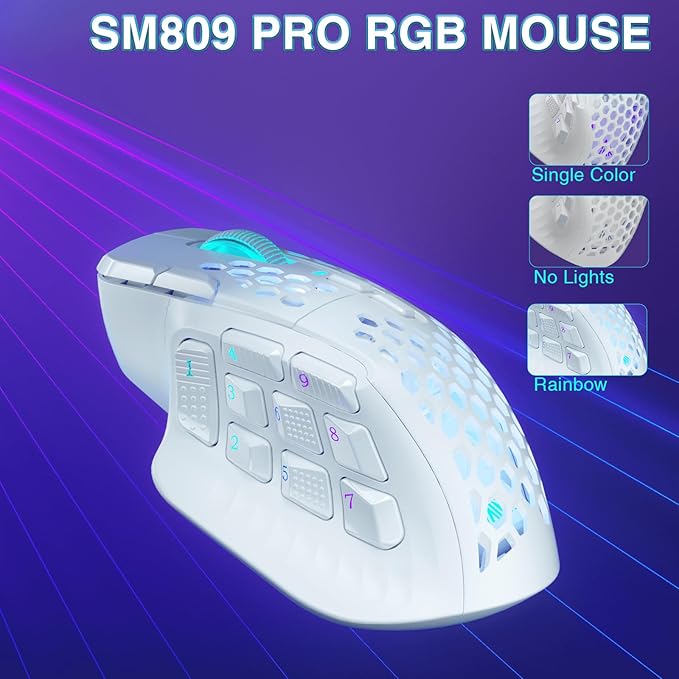 SOLAKAKA SM809 Pro Gaming Mouse with 9 Side Buttons,24000 DPI RGB Mouse for Gamer,16 Programmable Macros MMO Mouse,White