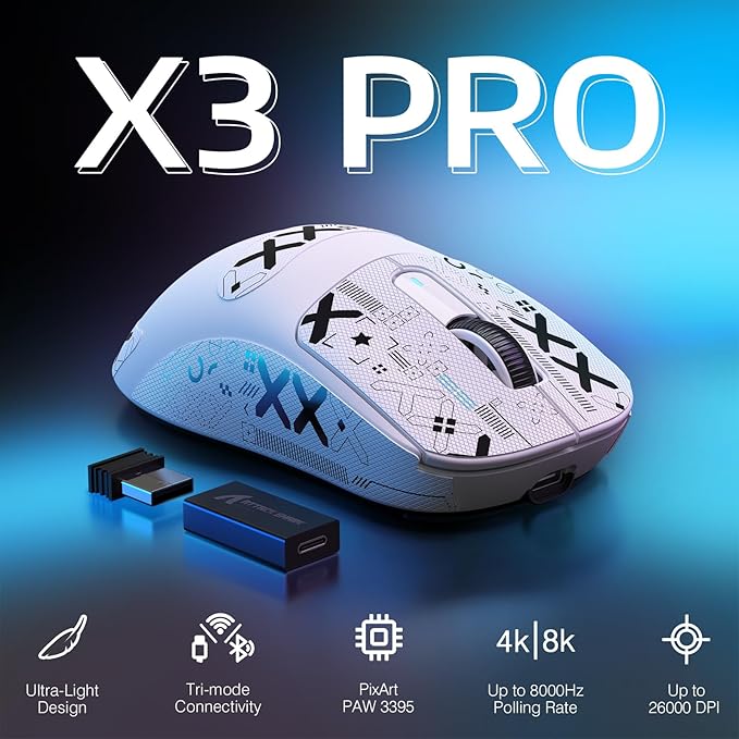 MANBASNAKE Attack Shark X3 Pro 4K/8K Hz Mouse, 59g Superlight BT/2.4G Wireless/Wired Gaming Mouse, PixArt PAW3395 Gaming Sensor, 26000 DPI, Griptape, Programmable Buttons for Win11/Xbox/PS/Mac(White)
