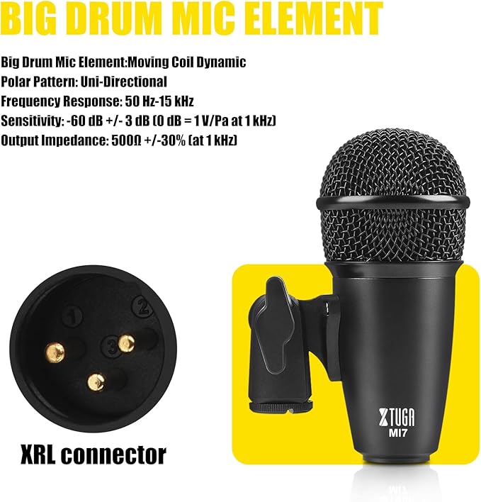 XTUGA 7-Piece Drum Microphone Kit,Wired Dynamic Drum Mic Kit - Metal Kick Bass Drum,Tom/Snare & Cymbals Microphone with Thread Clip-On for Stage Performances and Studio Recording(MI7)