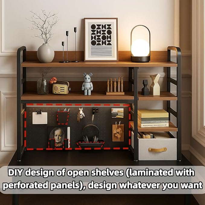 Desktop Bookshelf, pegboard Storage and Organization Rack, Dorm Desk Shelf, Desk Hutch, Desktop Storage for Office, Study, Student Display Rack,Desktop Shelves (Black+Walnut 37.4" Lx9.9 Wx37 H)