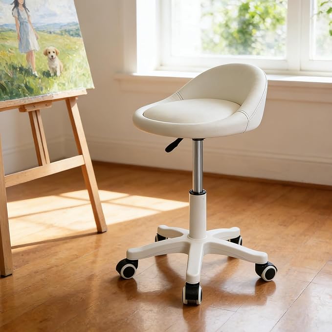 Swivel Rolling Stool with Wheels, Height Adjustable PU Leather Drafting Chair, Round Seat for Salon, Spa, Tattoo, Office, Home Use Beige Set of 1