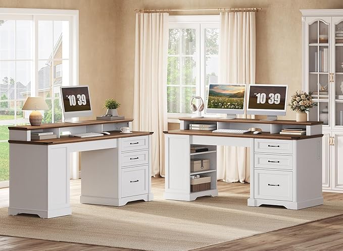 RALGEND 55'' Farmhouse Executive Desk with Drawers, Computer Desk with File Cabinet and Side Bookshelf, Writing Gaming Desk with Monitor Stand & Charging Station, White and Walnut