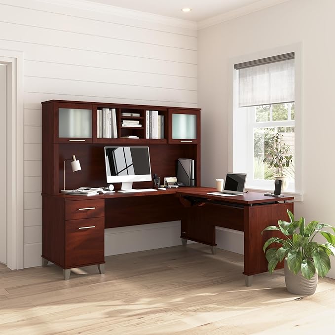 Bush Home Somerset 72W 3 Position Sit to Stand L Shaped Desk with Hutch in Hansen Cherry | Adjustable Height Table for Home Office