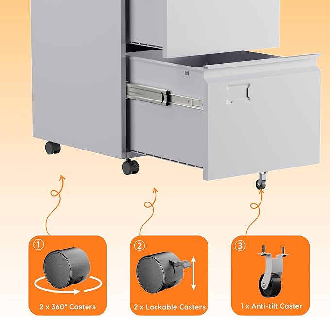 Reemoon File Cabinet 2 Drawer, Locking Filing Cabinet with Business Card Slot for Letter/Legal/F4/A4 Size Folders,Required Assembly,14.57" W x 17.36" D x 25.79" H,White