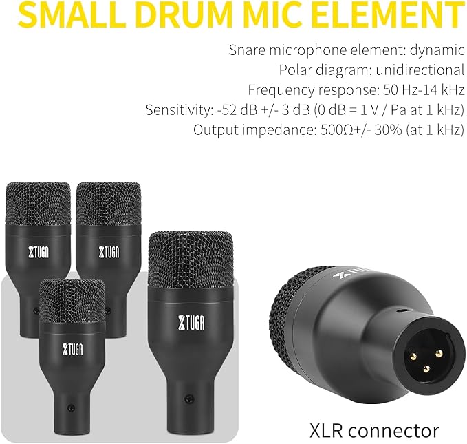 XTUGA DI7 7-Piece Drum Microphone Kit – No XLR Cable Needed, Metal Kick/Bass Drum Mic, Tom/Snare & Cymbal Mics with Clips, for Stage Performances & Studio Recording