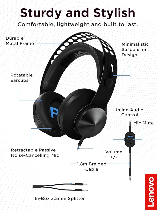 Lenovo Legion H300 Stereo Gaming Headset, Noise-Cancelling Mic, Memory Foam & PU Leather Earcups, Stainless Steel Headband, PC, PS4, Xbox One, Nintendo Switch, Mac, GXD0T69863, Black