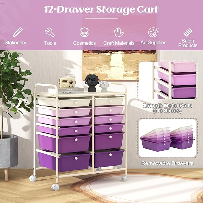 Moccha 12-Drawer Rolling Storage Cart - Utility Cart on Wheels with Lockable Casters for Craft Art Supply Paper Salon, Mobile Drawer Carts for Classroom Teacher School Office (Gradient Purple)