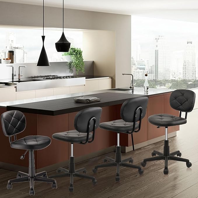 KLASIKA Rolling Stool Chair with Backrest Leather Swivel Salon Spa Stools, Adjustable Height Work Garage Chairs for Home Bar Desk Computer, 4PK