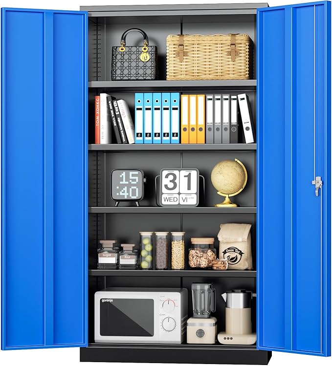 INTERGREAT Metal Storage Cabinet, 72” H Storage Cabinet with 2 Doors and 4 Adjustable Shelves for Office, Home, Garage (Assembly Required, Black Blue)