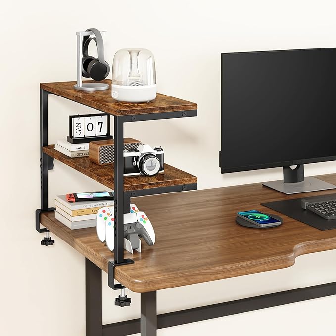 IBUYKE Clamp on Desk Shelf, 22.8” Large Desk Extender Shelves,Tool-Free Flexible Repositioning and Adjustable 2-Tier Storage Shelves for Desktop Accessories Below Desk TMZ010H