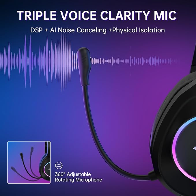 AOC Wireless Gaming Headset Compatible with PS5/4, Nintendo Switch, PC, Bluetooth 5.4 & 2.4GHz Gaming Headphones with Noise Canceling Mic, RGB, Type-C, 20ms Latency, 45H, 7.1 Virtual Surround- Black