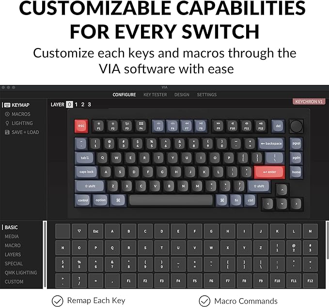 Keychron V1 75% Wired Mechanical Keyboard, QMK/VIA Programmable, Hot-swappable Red Switches, Compatible with Mac Windows Linux - Carbon Black