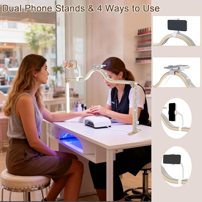 Upgraded Nail Tech Lamp with Dual Phone Holder, 34 in Foldable Large Nail Light for Desk, 3 Modes 3000K-6000K LED Manicure Lamp, Half Moon Light for Lash Eyelash Extension, Tattoo, Eyebrows
