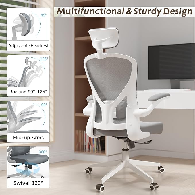 Drafting Chair, Ergonomic Tall Office Chairs for Standing Desk, Home Office Desk Chair with Lumbar Support and Adjustable Flip-up Armrests & footrest (02Grey)