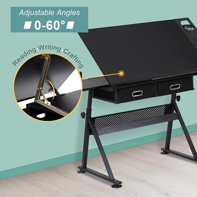 ZENY Adjustable Drafting Table with Stool, Tilting Drawing Desk Artist Table with Storage Drawers, Art Craft Workstation for Home Office Reading, Writing, Crafting